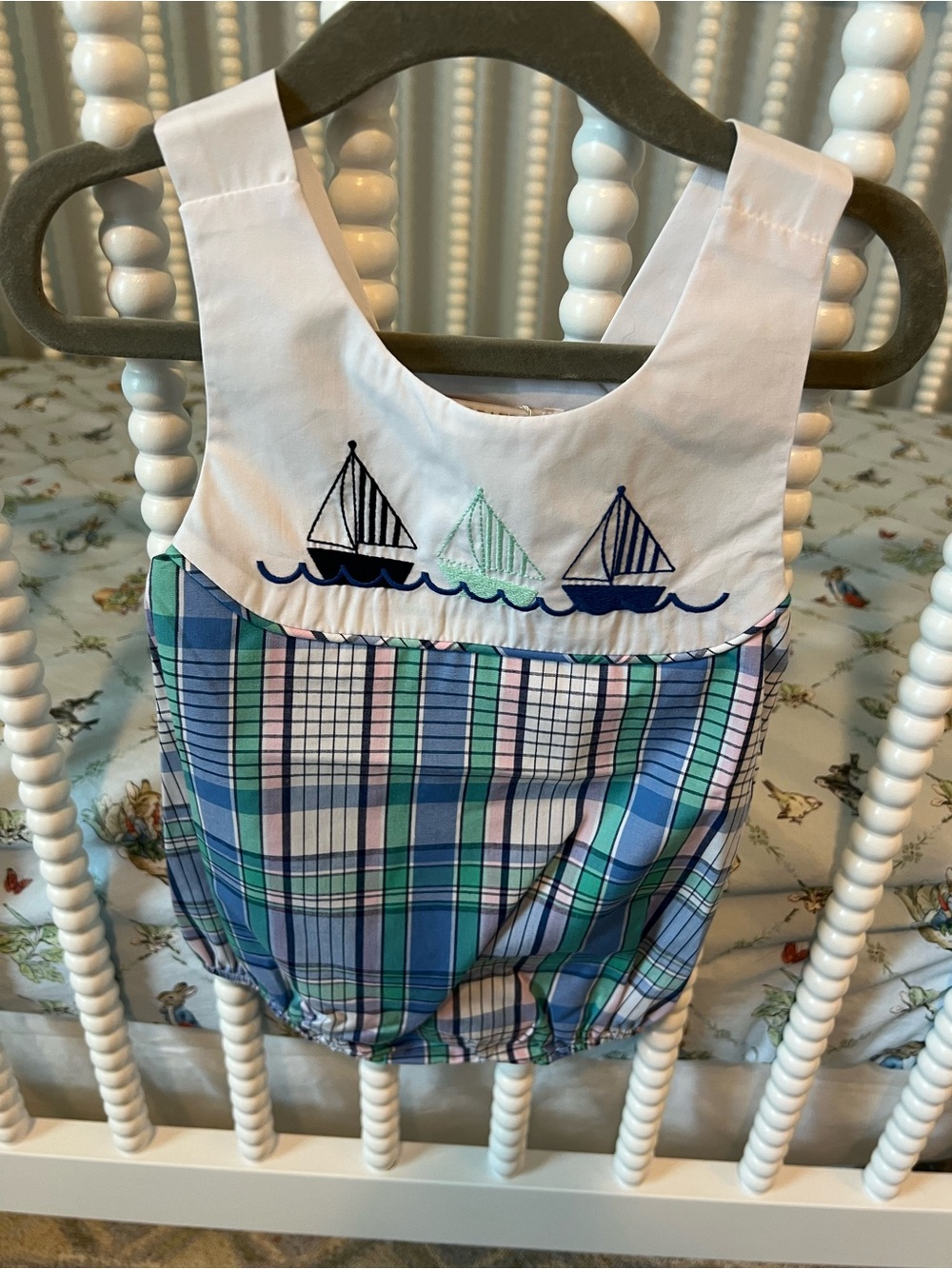 Sandler Sunsuit in Lauderdale Pier Plaid/Worth Ave White/Sailboats print